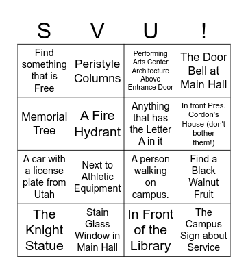SVU Campus Selfie  Bingo Card