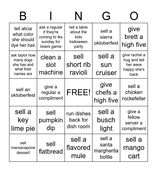 Waitstaff Bingo Card