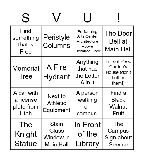 SVU Campus Selfie  Bingo Card