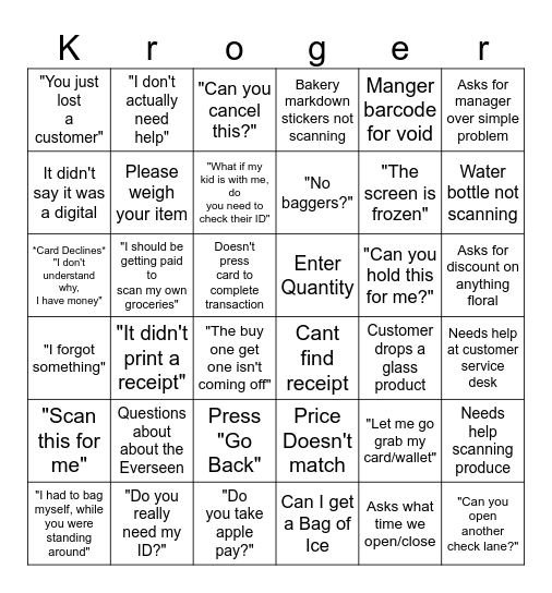 Kroger Bingo Card