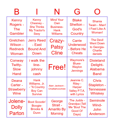 Top Country songs of all time bingo list 1 Bingo Card