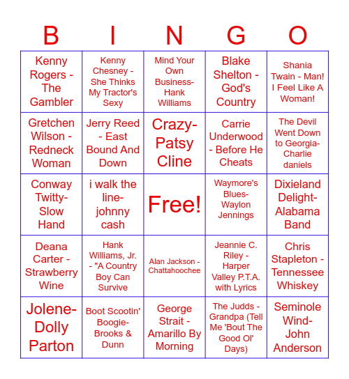 Top Country songs of all time bingo list 1 Bingo Card