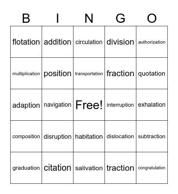 -ion and -tion Bingo Card