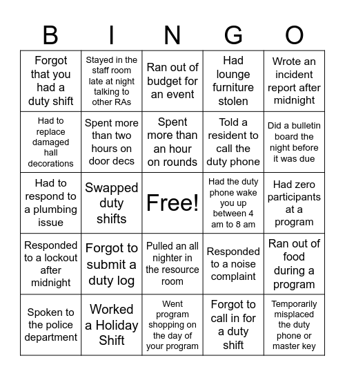 RA Bingo Card