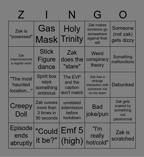 Zak Zingo Bingo Card