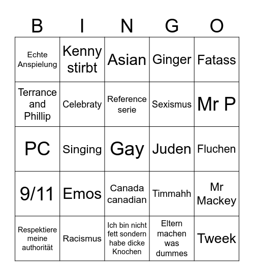 South Park Bingo Card