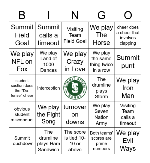 Pep Band Bingo 10/11 Bingo Card