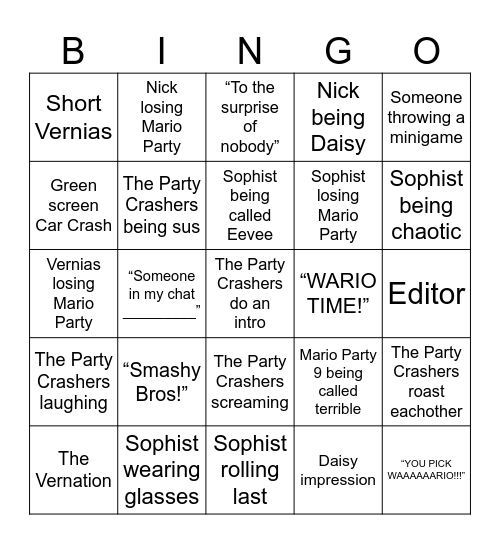 Party Crashers Bingo Card