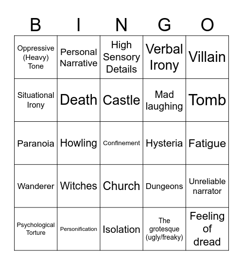 Gothic Literature Bingo Card