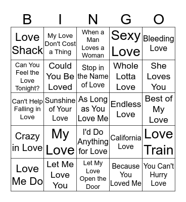 Love Song Bingo Card