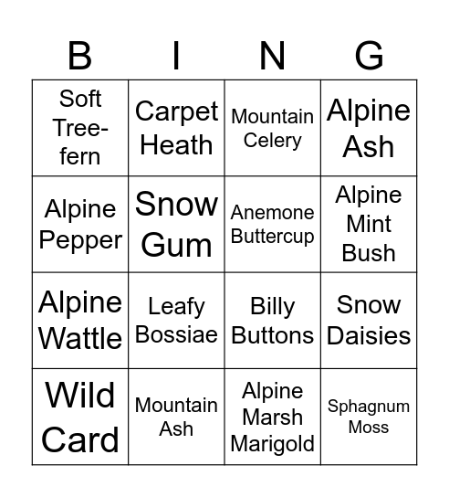 Endemic Species Bingo Card