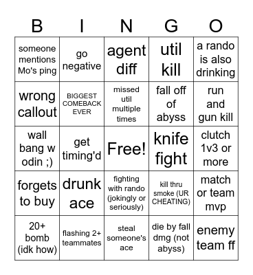 drunk valorant Bingo Card