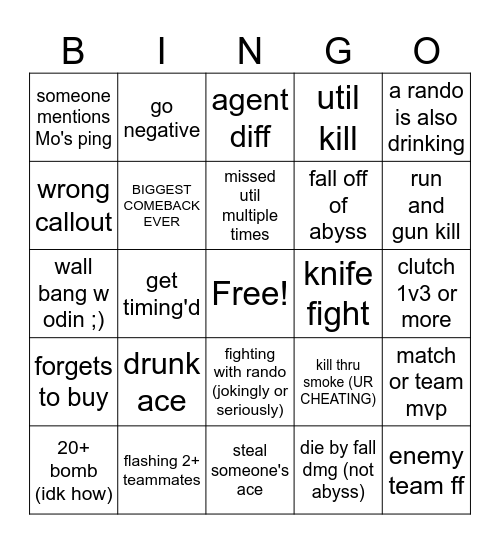 drunk valorant Bingo Card