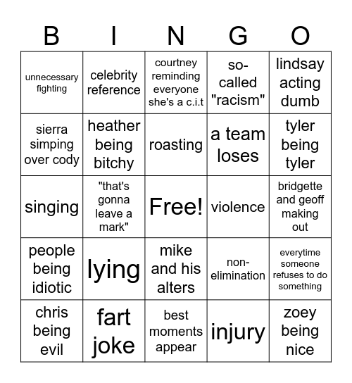 Total Drama bingo Card