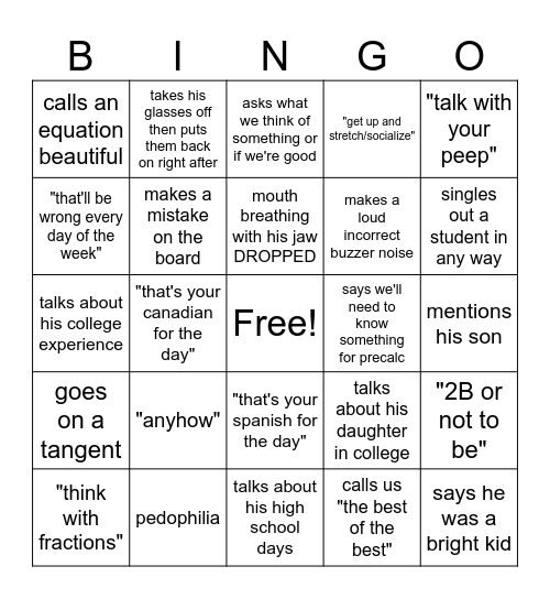 Mr. Platz Bingo Card