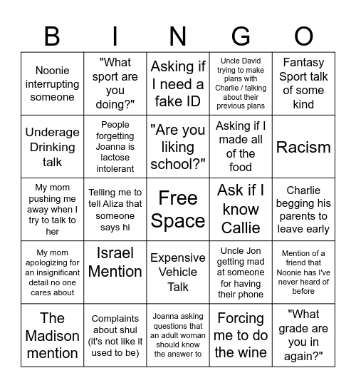 Rosh Hashanah Dinner & Kol Nidrei Bingo Card