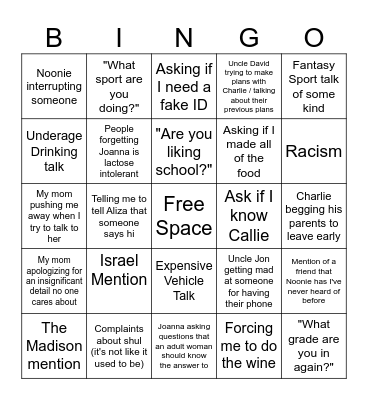 Rosh Hashanah Dinner & Kol Nidrei Bingo Card