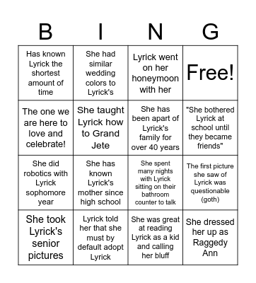 Lyrick's Bridal Bingo Card