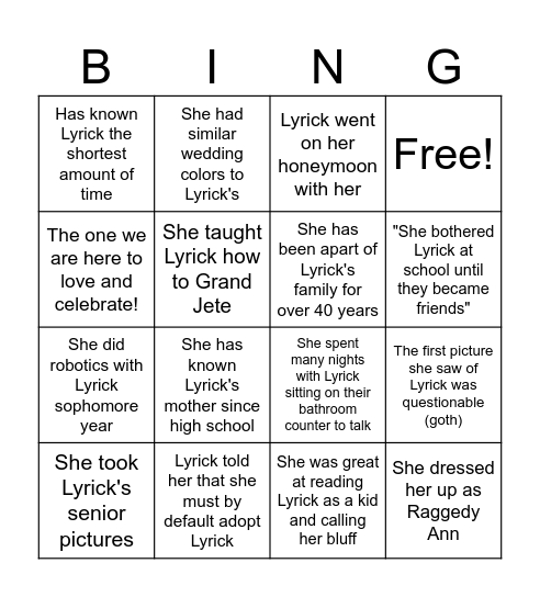 Lyrick's Bridal Bingo Card