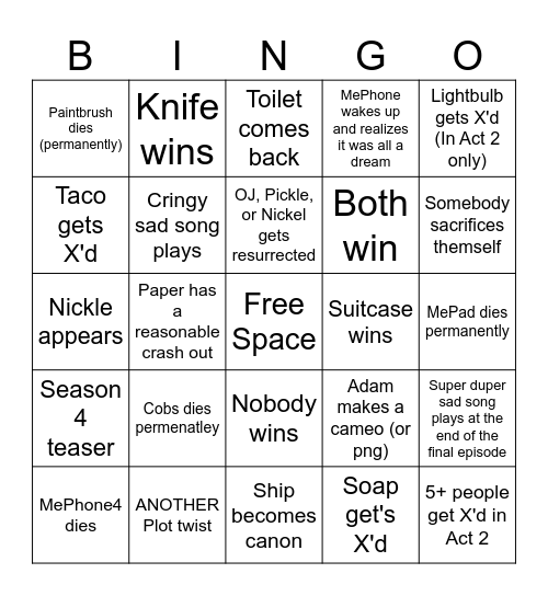 Inanimate Insanity Act II + III Bingo Card