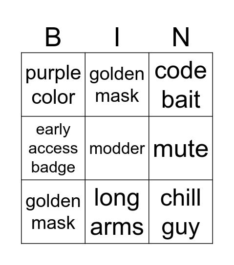 Monkey game Bingo Card