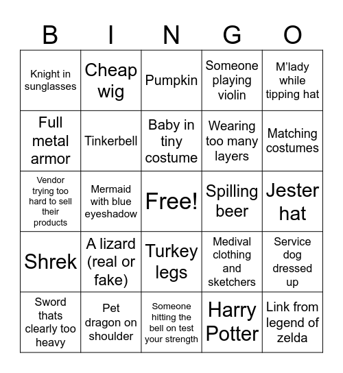 Ren Faire Bingo Card