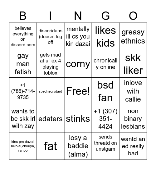 zap and zaine kinni bigno Bingo Card