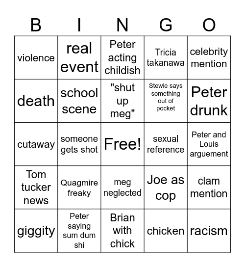 family guy Bingo Card