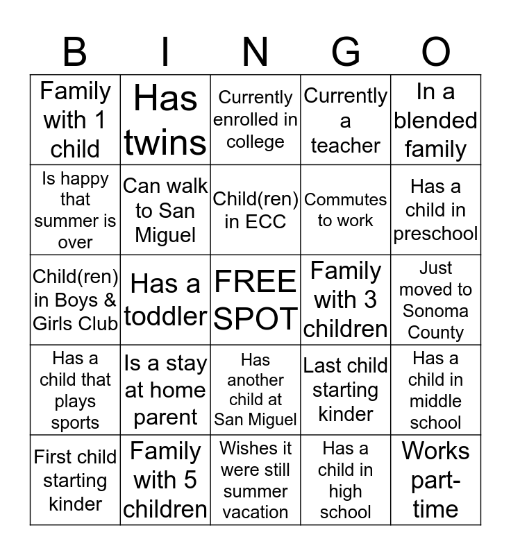 Kindergarten Meet & Greet Bingo Card