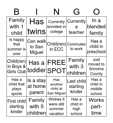 KINDERGARTEN MEET & GREET Bingo Card