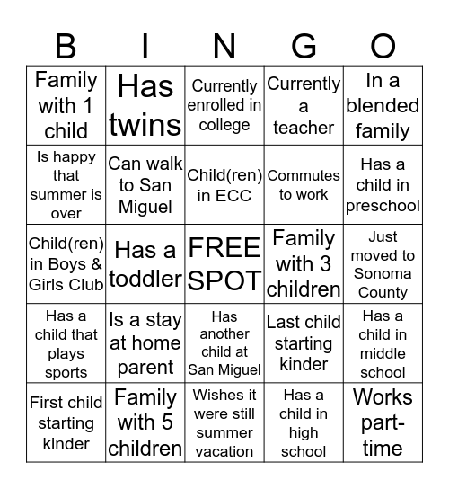 KINDERGARTEN MEET & GREET Bingo Card