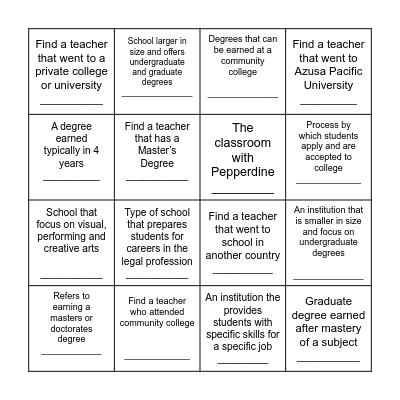 College Scavenger Hunt! Bingo Card