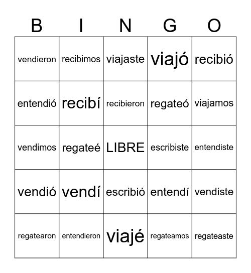 L2 1.2 Regular Preterite Practice Bingo Card