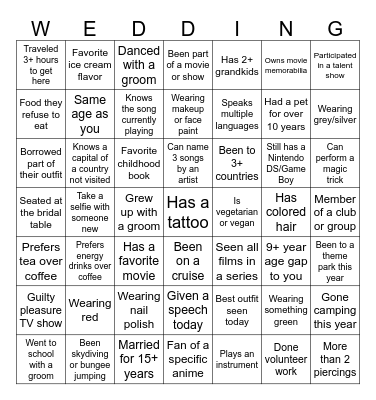 Engage with fellow guests by finding people who match the descriptions below. When you learn their name, write it in the corresponding square. Remember, each name can only be used once. Once you complete a row or column, take your sheet to the DJ to cla Bingo Card