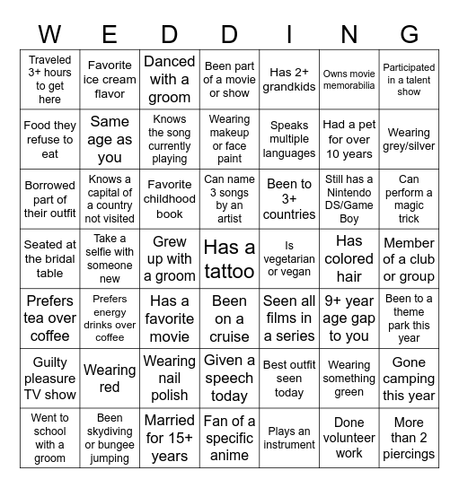 Engage with fellow guests by finding people who match the descriptions below. When you learn their name, write it in the corresponding square. Remember, each name can only be used once. Once you complete a row or column, take your sheet to the DJ to cla Bingo Card