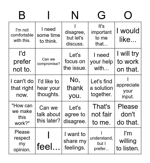 Assertiveness Bingo Card