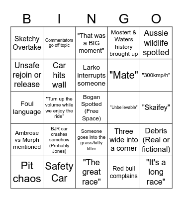 BATHURST 1000 BINGO! Bingo Card