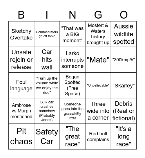 BATHURST 1000 BINGO! Bingo Card