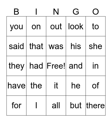 Sight Words Bingo Card