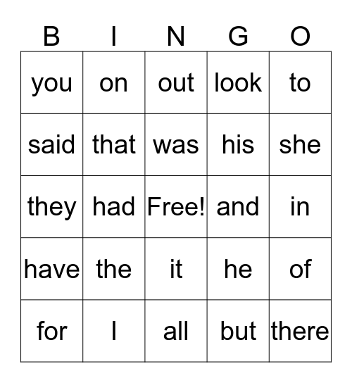 Sight Words Bingo Card