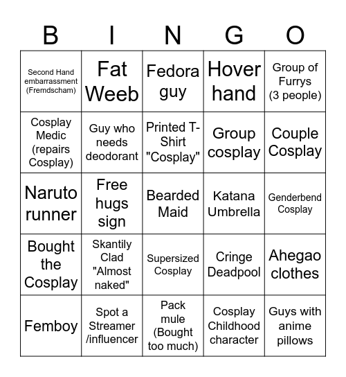 Cosplay Convention Bingo Card