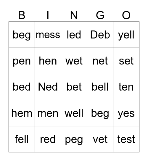 short e  Bingo Card