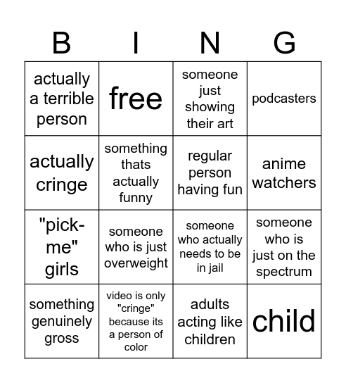 Average Cringe Compilation Bingo Card Bingo Card