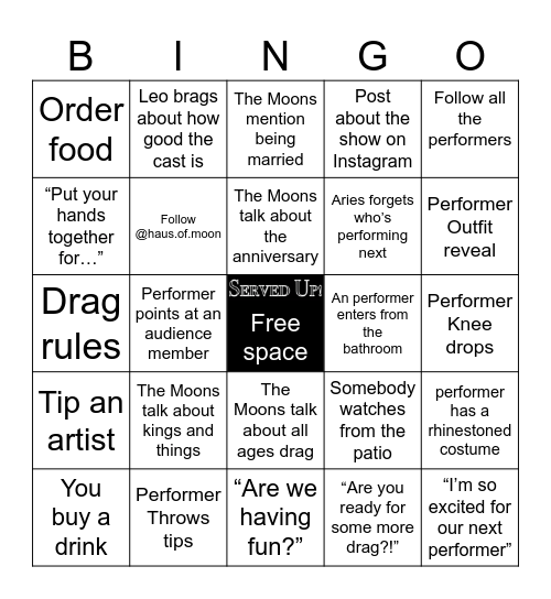 Served Up! Anniversary Show Bingo Card