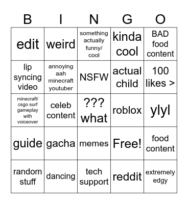 youtube shorts bingo Card