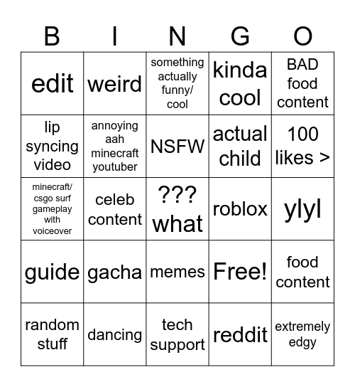 youtube shorts bingo Card