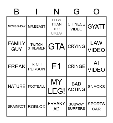 YouTube shorts bingo Card