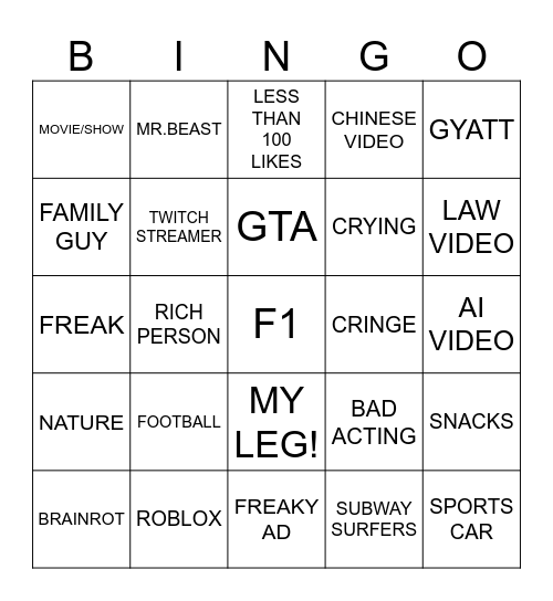 YouTube shorts bingo Card