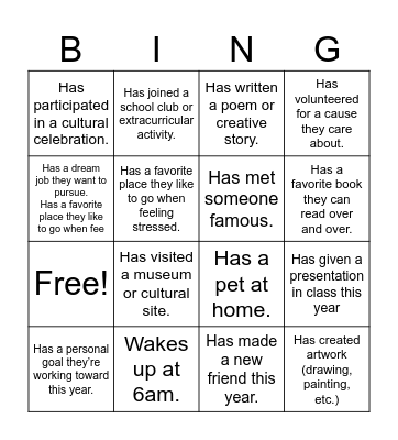 Welcome back! Bingo Card
