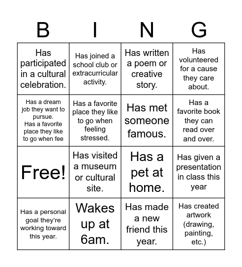 Welcome back! Bingo Card